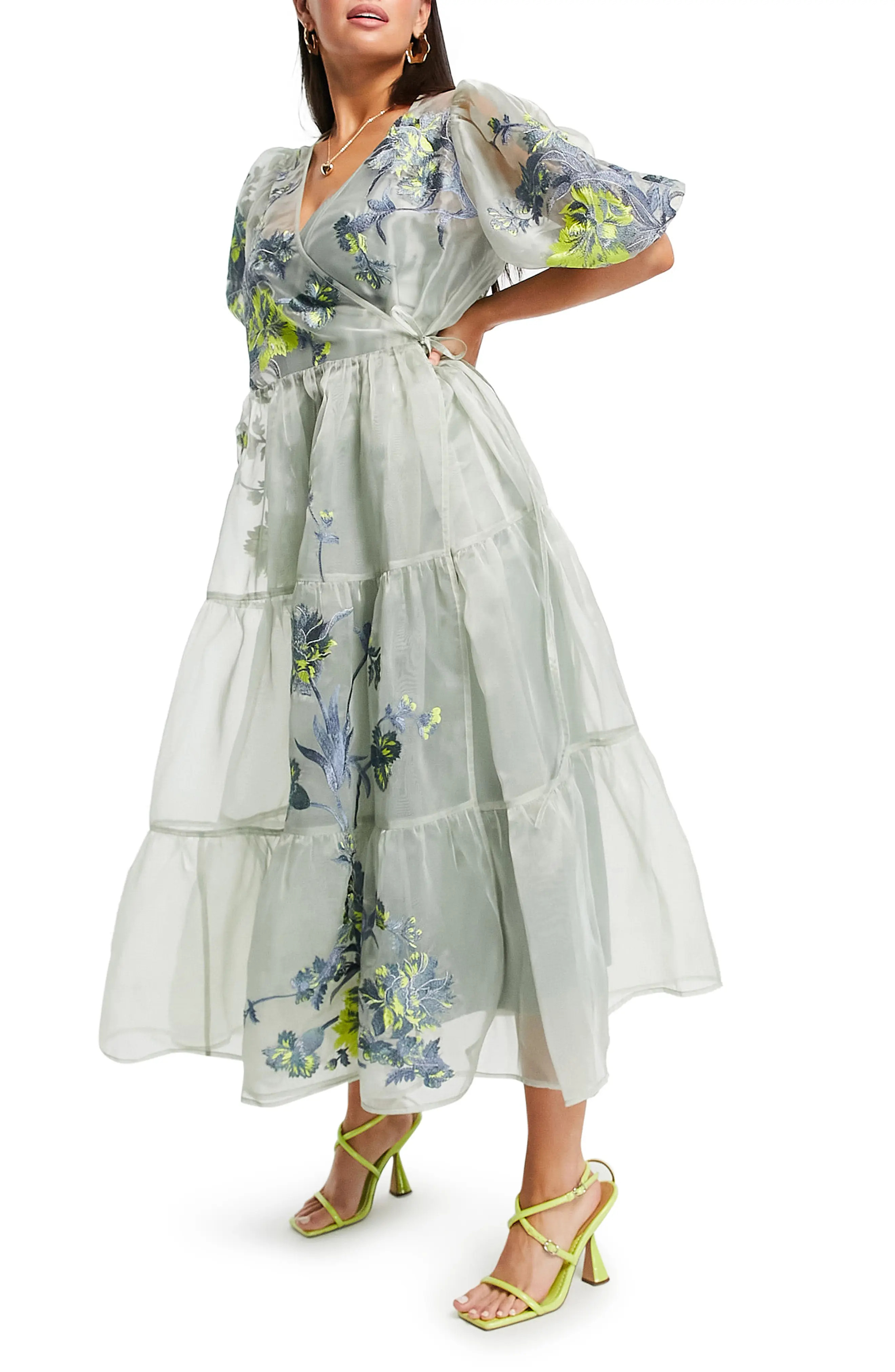 ASOS DESIGN Embroidered Organza Tiered Wrap Dress in Grey at Nordstrom, Size 4 Us | Nordstrom