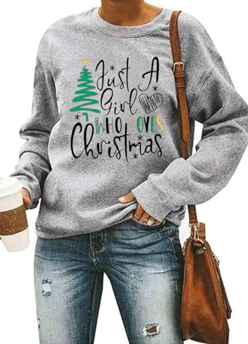 hcihgzr Womens Merry Christmas Sweatshirt - Just A Girl Who Loves Christmas Long Sleeve Tree Shirt Top (M, 4GREY) | Amazon (US)