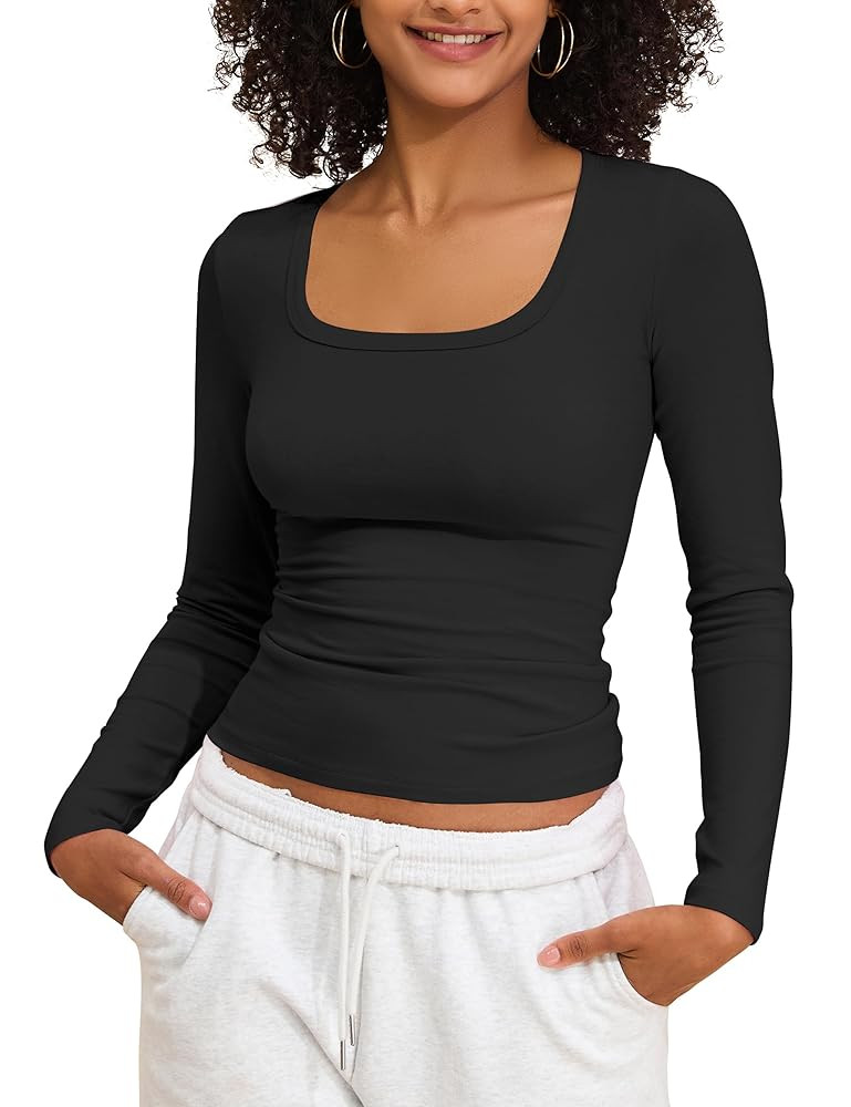 PrettyGuide Womens Long Sleeve Shirts Cotton Jersey Square Neck Going Out Tops Slim Fit Fall Casu... | Amazon (US)