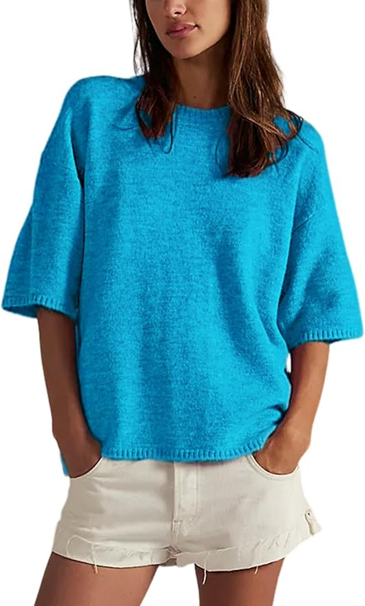 Yeokou Women Sweater Tee Casual Crewneck Short Sleeve Pullover Top Ribbed Knit Loose Shirt | Amazon (US)