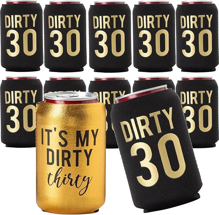 Dirty 30 Birthday Decorations For Him and Her, Set of 12 Can Coolers - Includes 1 Metallic Gold "... | Amazon (US)