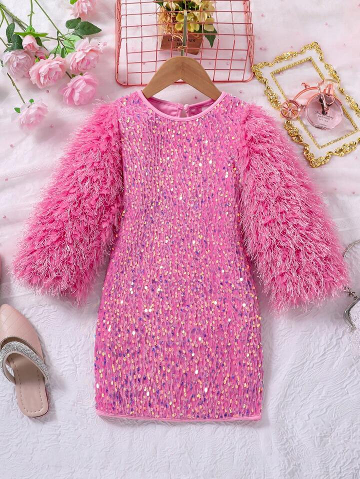 SHEIN Young Girl Elegant Beaded Long Sleeve Dress For Party, Autumn And Winter | SHEIN
