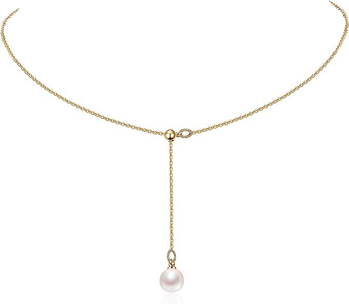 Cowlyn Y-Shaped Necklace Pearl Pendant 18K Gold Dainty Drop Long Chain Jewelry for Women Girls | Amazon (US)