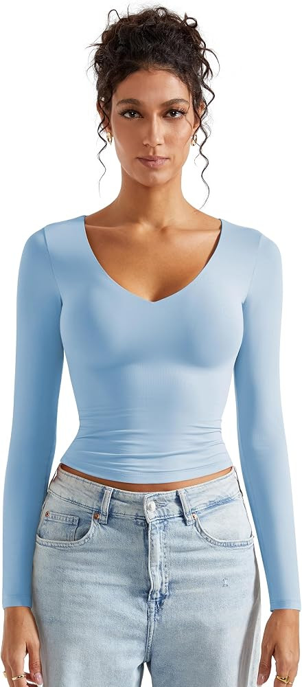 SUUKSESS Women Double Lined Casual V Neck Crop Tank Tops Basic Long Sleeve Shirts | Amazon (US)