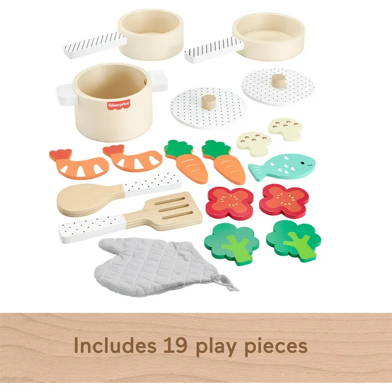 Fisher-Price Wooden Kitchen Pots & Pans Set, 19 Wood Pieces for Preschool Pretend Play, Ages 3+ Y... | Walmart (US)