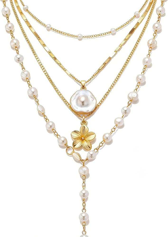 Gold-plating Necklaces for Women, Pearl Seashell Flower Pendant Necklace, Boho Lariat Long Neckla... | Amazon (US)