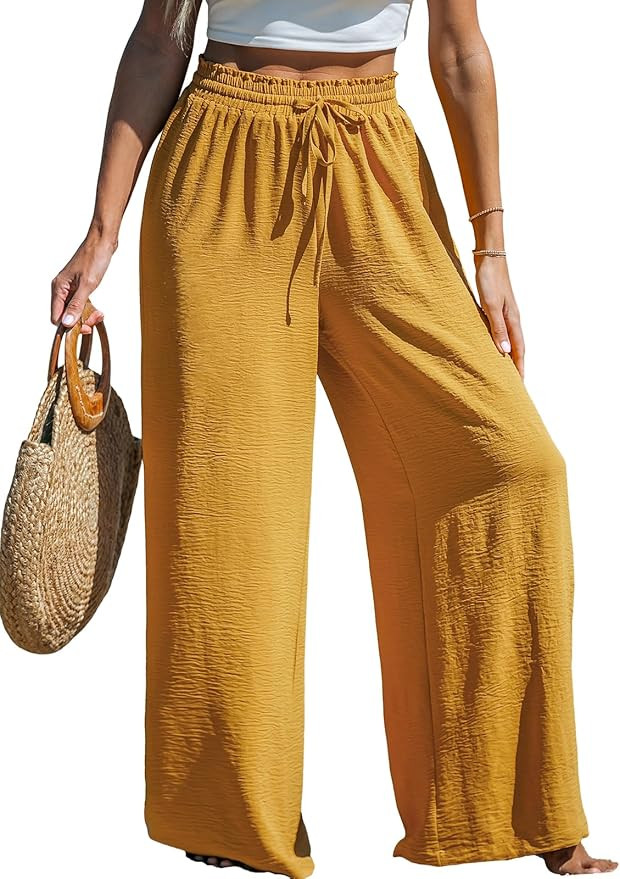 CUPSHE Women Wide Leg Pants High Waisted Trousers Linen Palazzo Lounge Beach Cover Ups Flowy Pant... | Amazon (US)