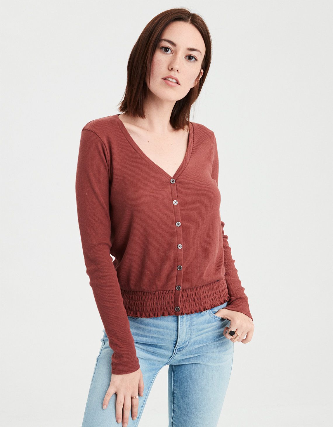 AE Button Front Smocked Crop Top, Rust | American Eagle Outfitters (US & CA)