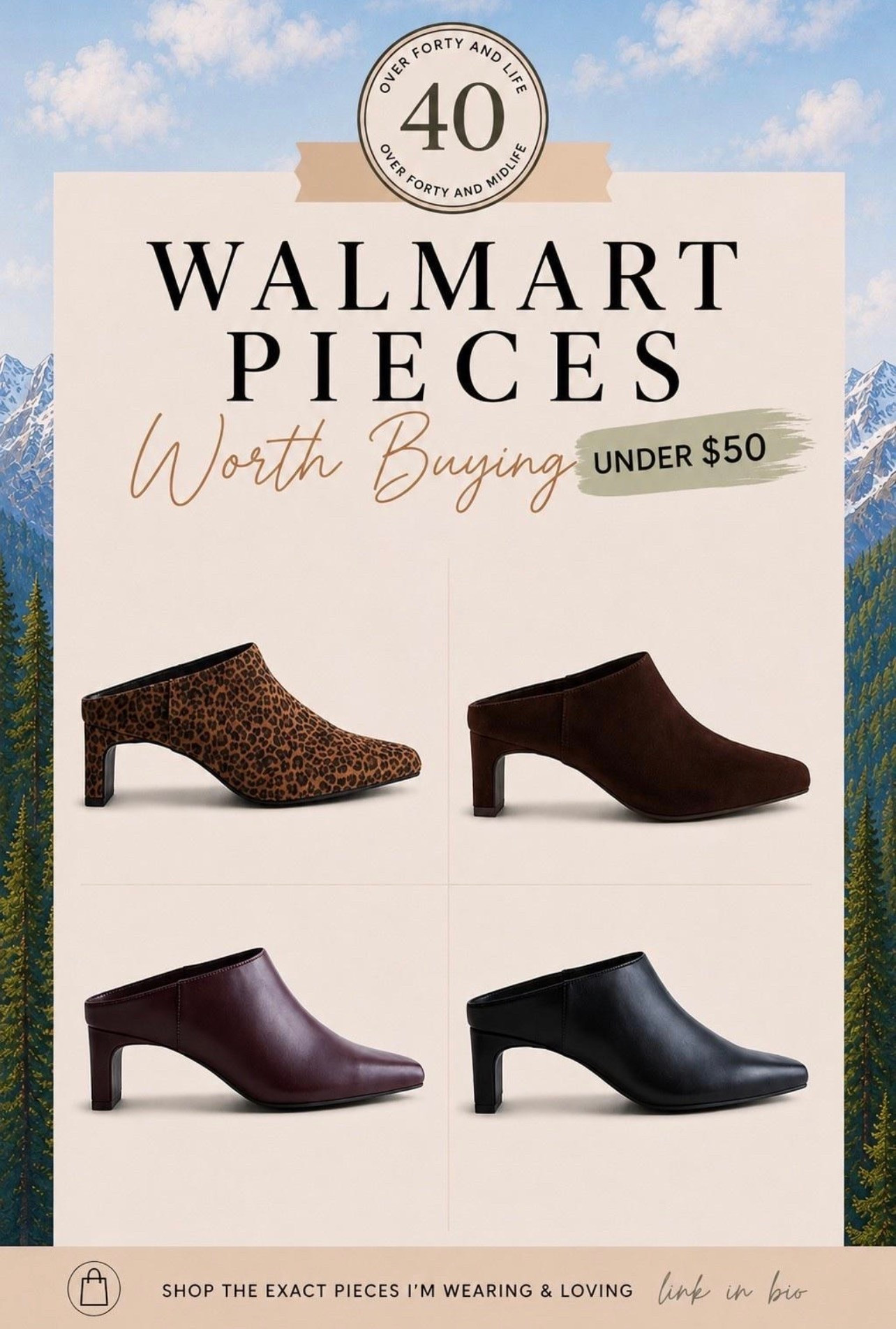 ✨Tap the bell, save and ❤️ start here over 40 fashion, midlife style, midsize fashion and luxury looks for less.  

Walmart fall shoes are GOOD right now. 👀 These under $50 mules give us that expensive, elevated fall look without the designer price tag.

Leopard print, chocolate brown, burgundy and classic black are four of the biggest fall 2026 shoe trends, and every one works with pieces we already own.

Think wide leg jeans, straight leg denim, ankle pants, trousers, midi skirts and fall dresses. The pointed toe helps visually lengthen the leg, while the low heel gives us a little lift without committing to a full heel.

These are the kind of affordable Walmart fashion finds that can make a basic jeans-and-sweater outfit feel instantly more polished.

👑 Helping you look good, feel good.-Lindsey Denver   Check back daily for belly-friendly style, confidence, and Outfit Physics™. 



Over 40 fashion • midlife style • Walmart fashion • Walmart finds • Walmart fall fashion • fall 2026 trends • fall shoes • women’s mules • leopard shoes • chocolate brown • burgundy shoes • black mules • affordable fashion • midsize fashion • casual fall outfits • elevated basics • fall outfit ideas • shoes with jeans • luxury looks for less

#LTKOver40 #LTKMidsize #LTKPlusSize

Comment SHOP below to receive a DM with the link to this post on my LTK ⬇ https://liketk.it/6knoj