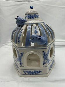 Blue & White Chinoiserie Porcelain Bird Feeder/Cage w/Bunnies | eBay US