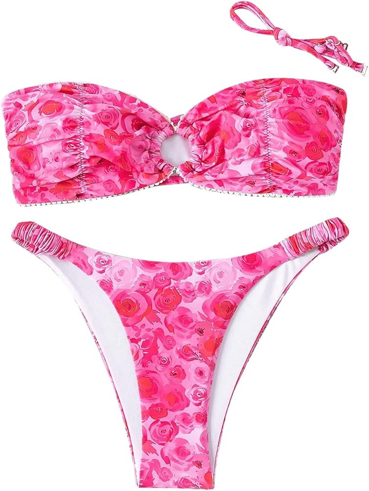 SHENHE Women's Floral Print O Ring Bandeau Bikini Bathing Suit 2 Piece Swimsuits | Amazon (US)