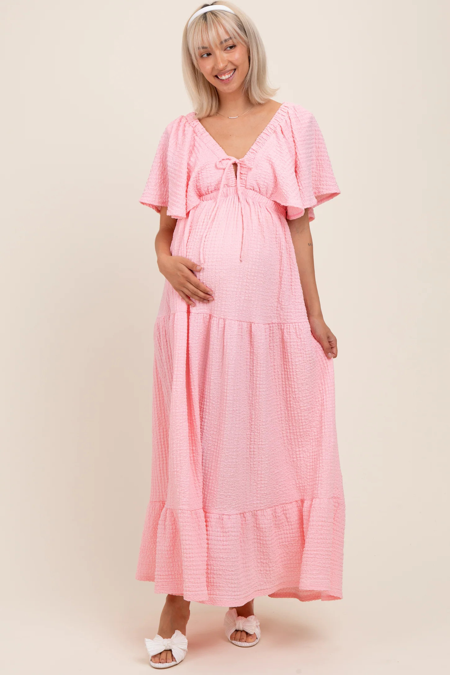 Taupe Woven Textured Flutter Sleeve V-Neck Tiered Maternity Maxi Dress | PinkBlush Maternity