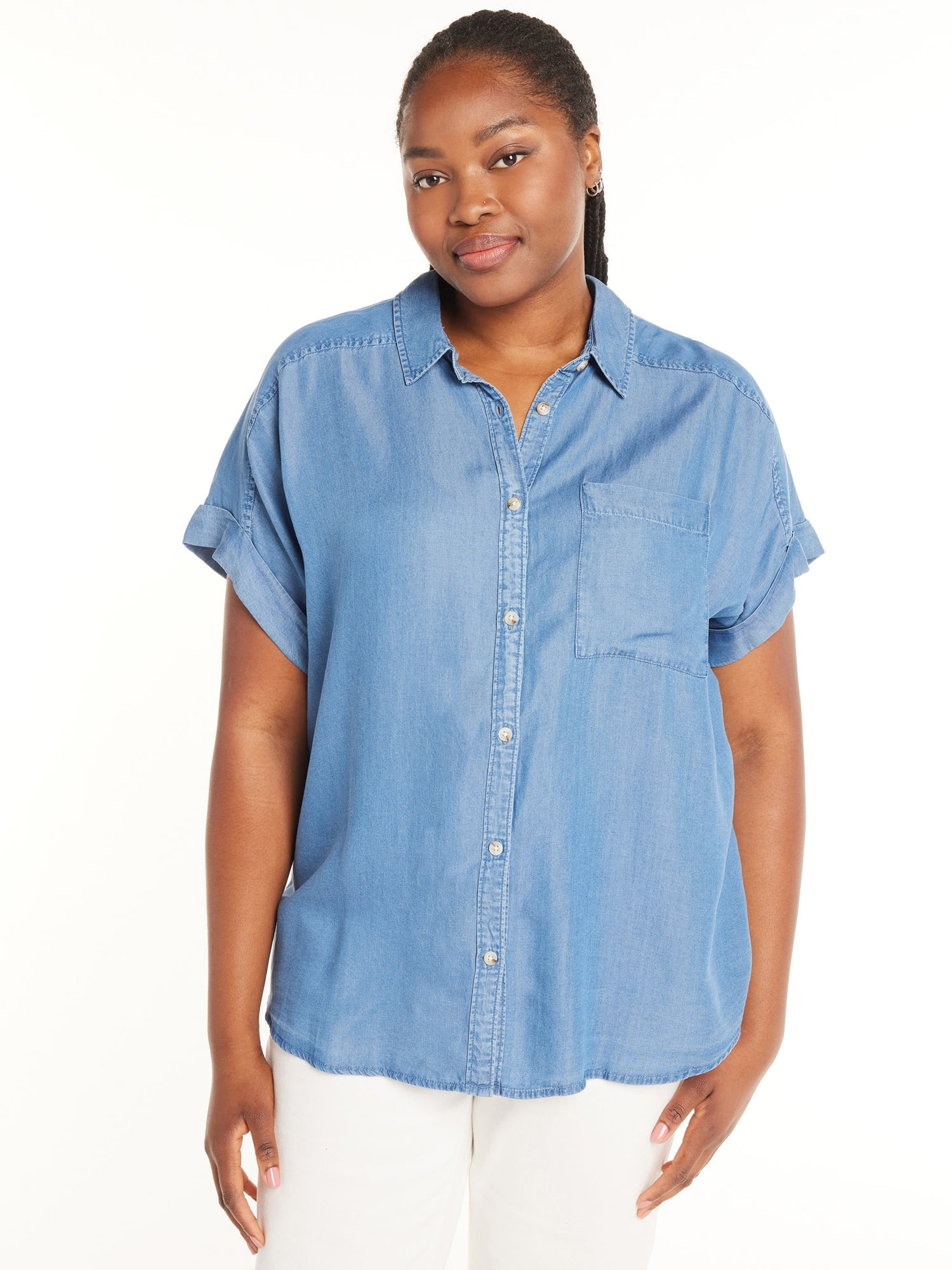Terra & Sky Women’s Plus Size Short-Sleeve Button-Front Camp Shirt, Sizes 0X-5X | Walmart (US)