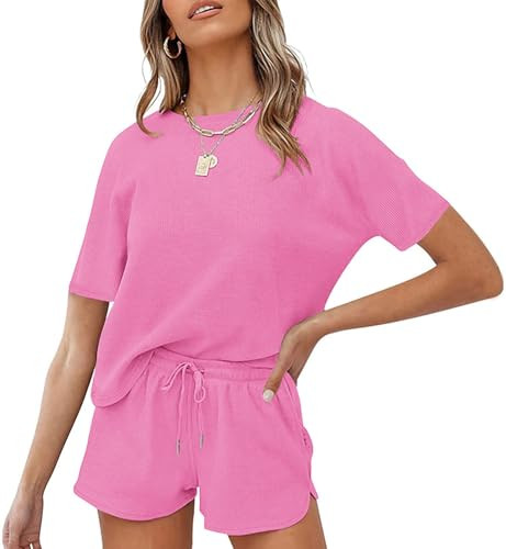MEROKEETY Women's Short Sleeve Waffle Pajama Sets Lounge Top and Shorts 2 Piece Tracksuit Outfits, Rosepink, M | Amazon (US)