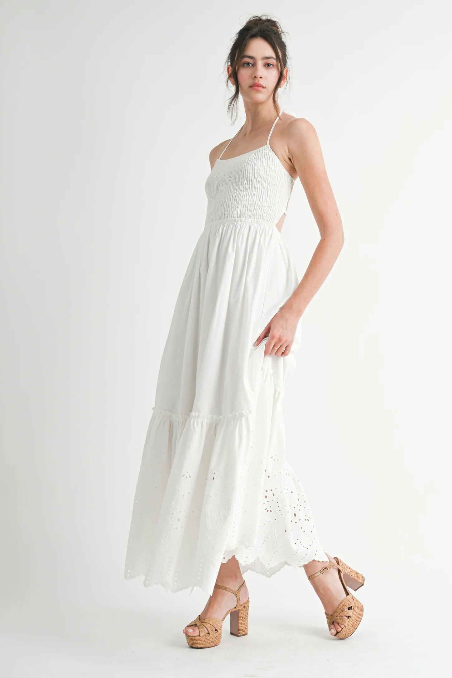 White Smocked Open Back Lace Hem Maxi Dress | PinkBlush Maternity