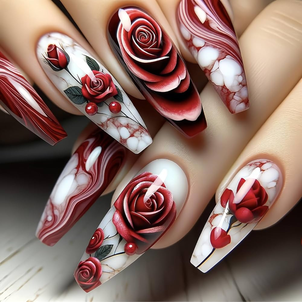 Dark Red Press on Nails Long Coffin Fake Nails with Red Large Rose Flower Pattern Design Autumn W... | Amazon (US)