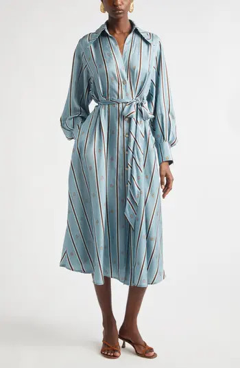 Emblem Tuck Long Sleeve Belted Midi Silk Shirtdress | Nordstrom
