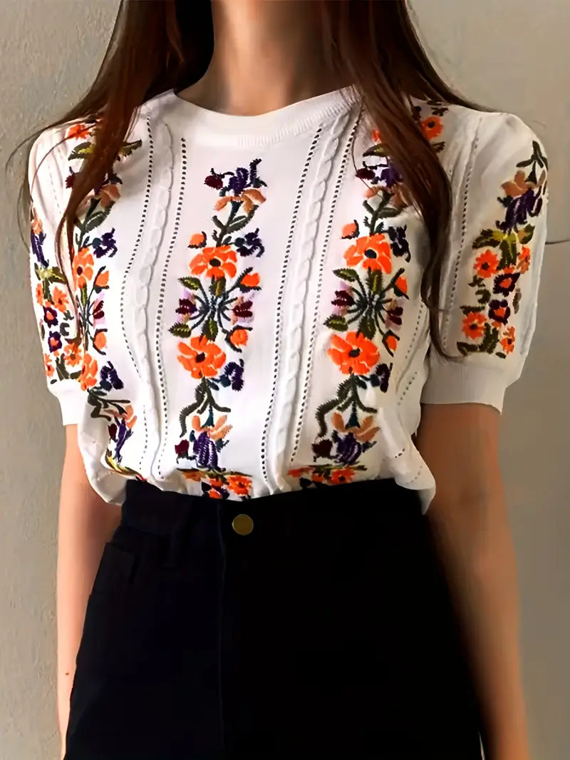 Floral Pattern Crew Neck Knitted Top Vacation Short Sleeve - Temu | Temu Affiliate Program