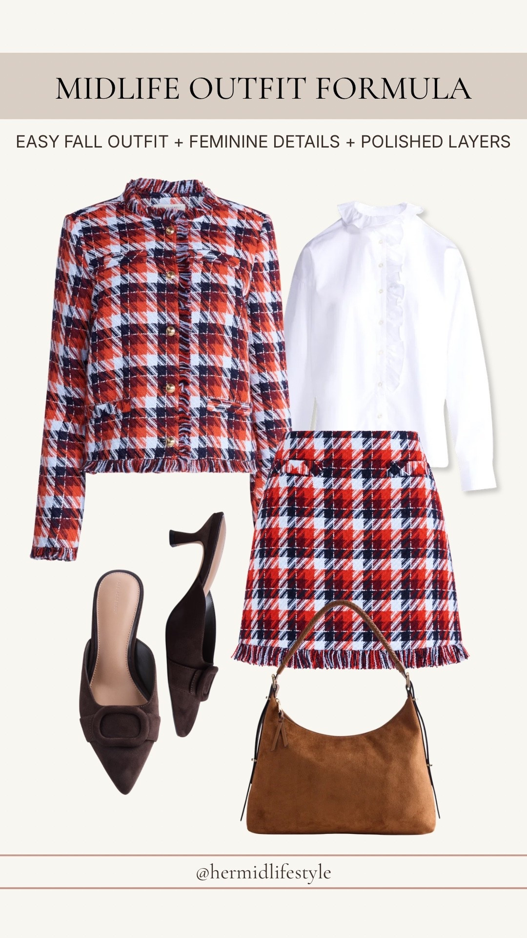 This red, navy and white plaid set makes fall dressing so easy. The ruffle-neck cotton top is low in stock, so I’ve also tagged another top as an option. I love how the feminine details and brown accessories pull the whole polished look together.

#LTKootd #LTKWorkwear #LTKOver40