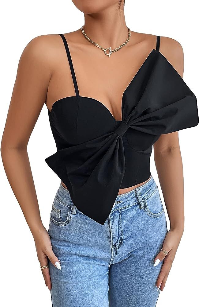 OYOANGLE Women's Cute Solid Bow Front Spaghetti Strap Shirred Back Crop Cami Tank Top | Amazon (US)