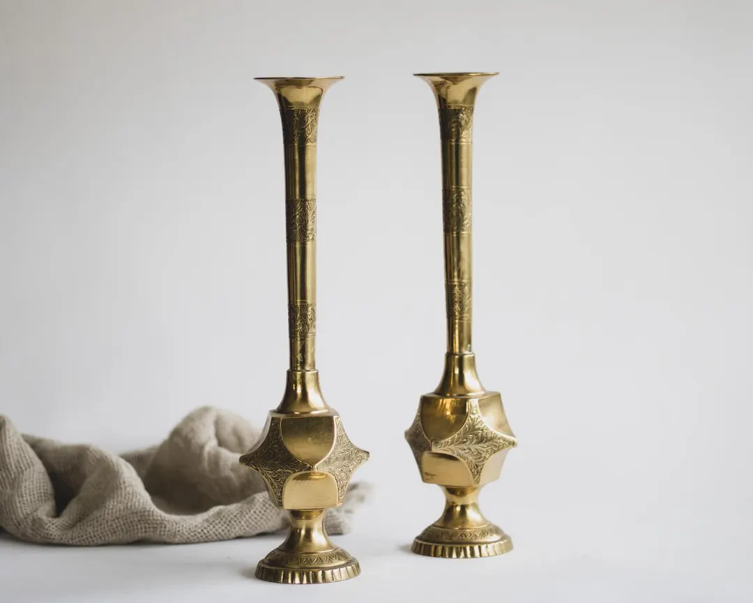 Pair of Vintage Mid Century Modern Etched Brass Vases, Tall Bohemian Wedding Vases, Modern Farmho... | Etsy (US)