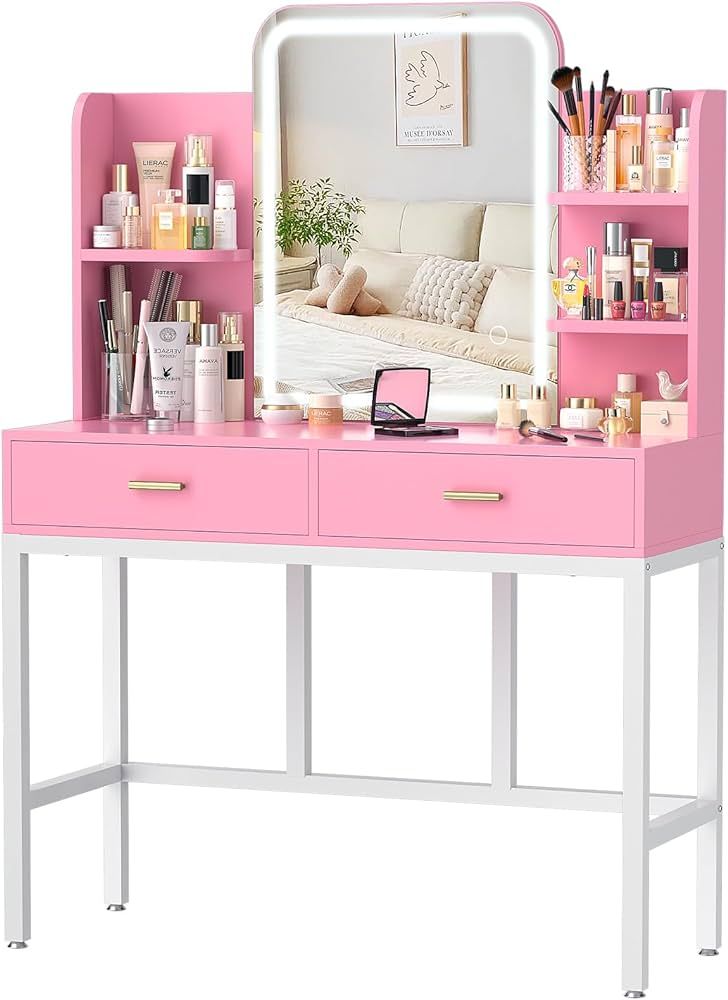 Vanity Desk, Makeup Vanity Desk with Mirrors, Vanity Set with 2 Storage Drawers and Open Shelves,... | Amazon (CA)