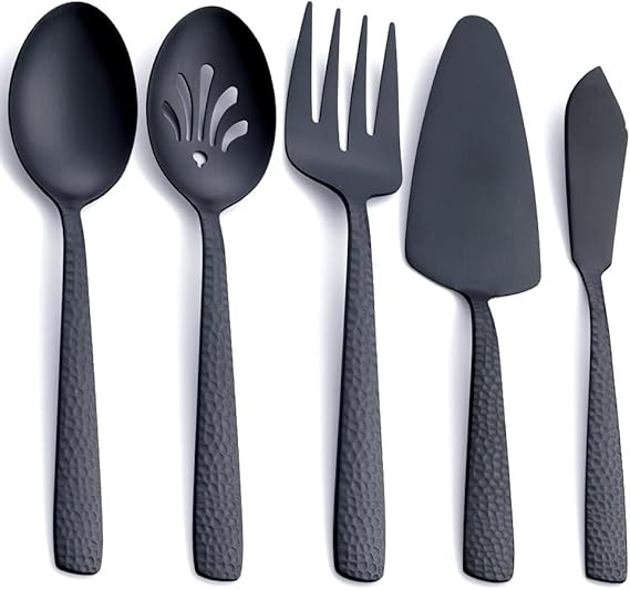 Stainless Steel Large Serving Set, Matte Black - 5-Piece Set Includes Spoon, Slotted Spoon, Fork,... | Amazon (US)