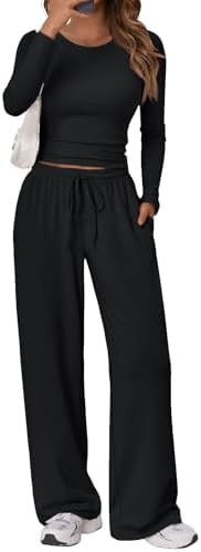 Trendy Queen Women's 2 Piece Matching Lounge Set Long Sleeve Slightly Crop Top Wide Leg Pants Cas... | Amazon (US)