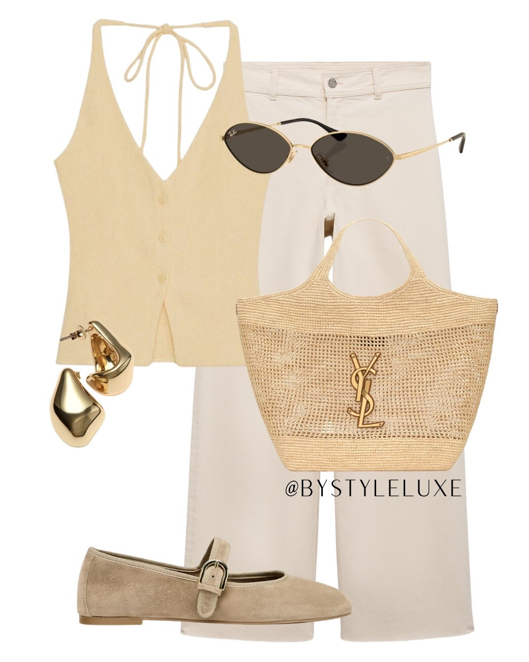 ZARA SUMMER - styling this new in butter yellow halterneck top with cream/beige jeans for a gorgeous summery day look

#flats #summeroutfit #jeans 

#LTKeurope #LTKsummer #LTKshoes