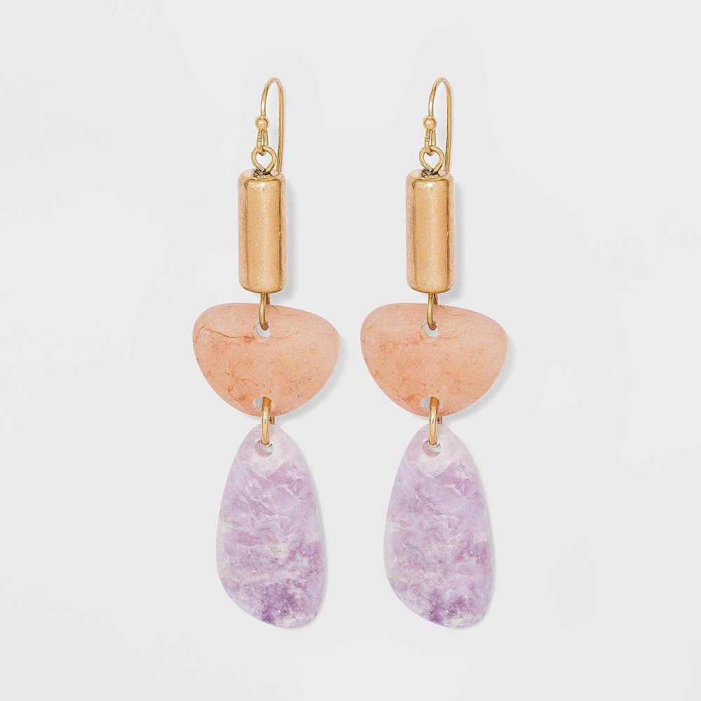 Semi-Precious Dyed Fuchsia Quartz and Jade Worn Gold Drop Earrings - Universal Thread Lilac | Target