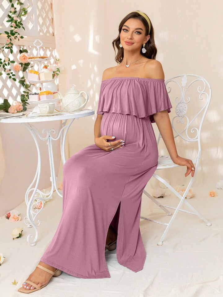 DEARCASE Maternity Off Shoulder Ruffle Trim Dress | SHEIN