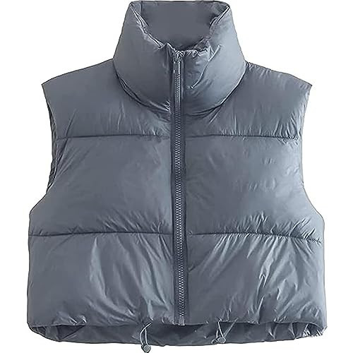 Shiyifa Women's Fashion High Neck Zipper Cropped Puffer Vest Jacket Coat(Hazeblue,XXL) | Amazon (US)