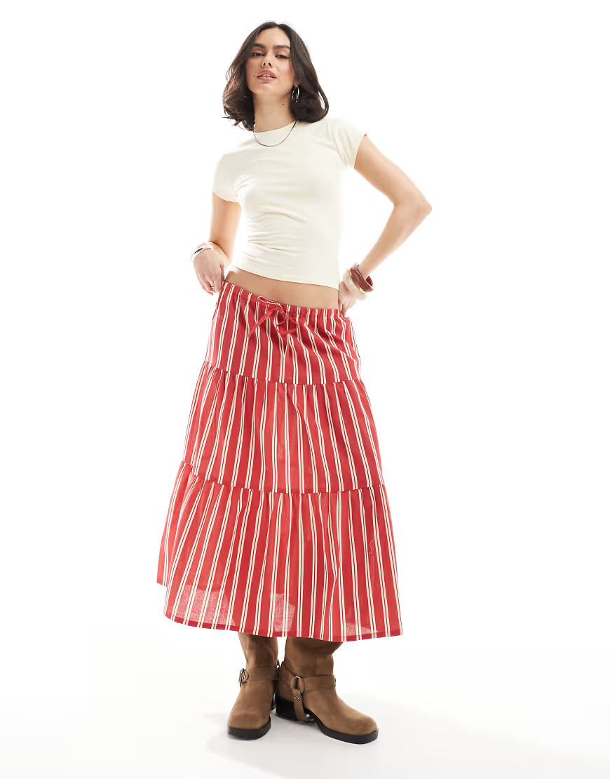 Wednesday's Girl striped tiered midi skirt in red | ASOS (Global)
