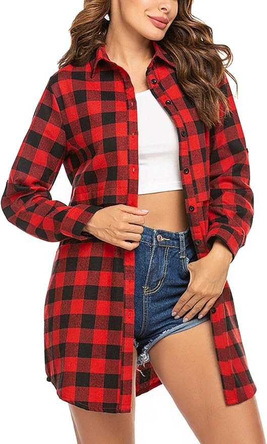 HOTOUCH Womens Flannel Plaid Shirts Roll Up Long Sleeve Pockets Mid-Long Casual Boyfriend Shirts | Amazon (US)