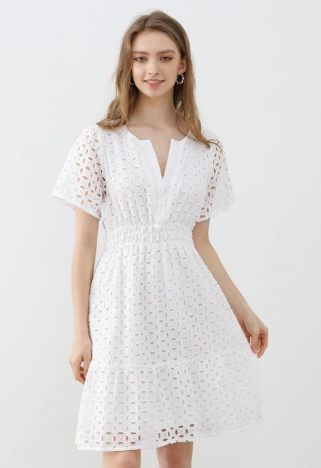 Eyelet Embroidery V-Neck Cotton Dress in White | Chicwish