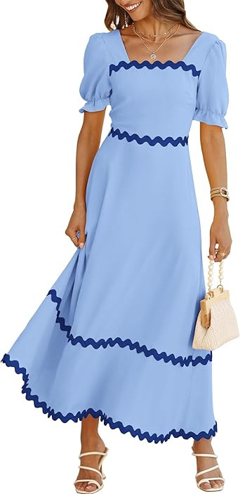 BTFBM Women's 2024 Summer Square Neck Short Puff Sleeve Dress Casual RIC Rac Tie Back Smocked A L... | Amazon (US)