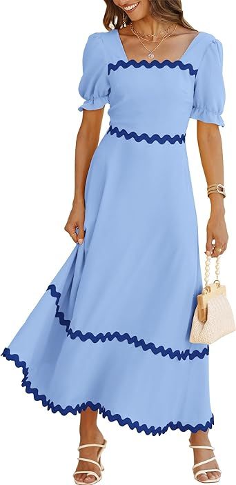 BTFBM Women's 2024 Summer Square Neck Short Puff Sleeve Dress Casual RIC Rac Tie Back Smocked A L... | Amazon (US)