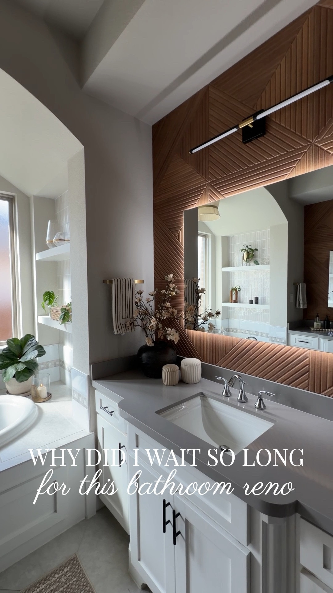 I’m still kicking myself for not doing this bathroom renovation sooner!!! This no demolition DIY bathroom remodel was so easy and affordable!! The backlit mirror might be my favorite!! It even has a defogging feature! I’m also swooning over the peel and stick beige tiles and the faux wood wall panels!  All so fabulous!! 

#LTKSaleAlert #LTKHome #LTKstorytime