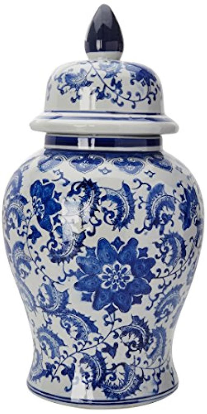 Oriental Furniture 18" Floral Blue & White Porcelain Temple Jar | Amazon (US)