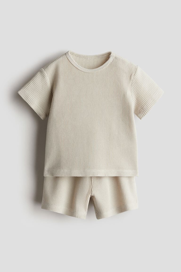 2-piece Waffled Cotton Set - Regular waist - Round Neck - Light beige - Kids | H&M US | H&M (US + CA)