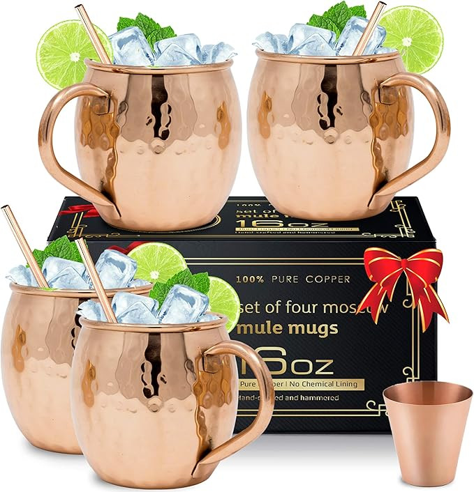 Moscow Mule Copper Mugs with 4 Straws and Shot Glass - Set of 4 HandCrafted Food Safe Pure Solid ... | Amazon (US)