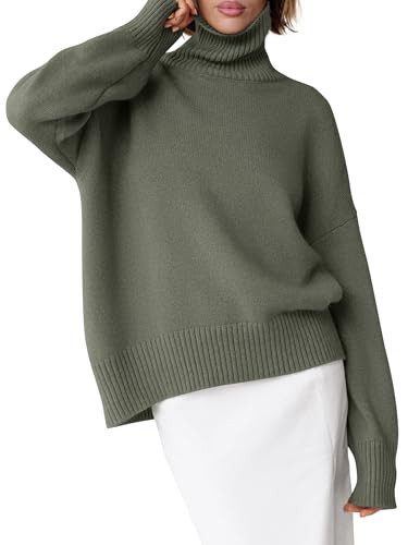ANRABESS Womens Turtleneck Sweaters Oversized Chunky Long Sleeve Knit High Low Hem Pullover Top 2025 Fall Winter Fashion Olive Green Large | Amazon (US)