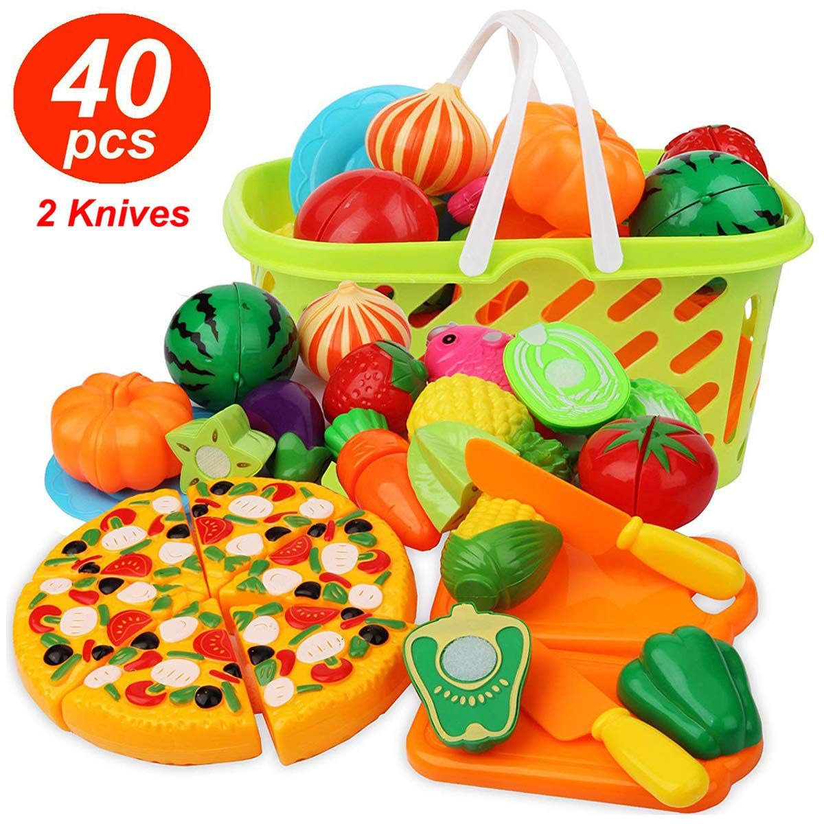Cutting Play Food Kitchen Pretend - Grocery Basket Toys for Kids 40pcs Children Girls Boys Educat... | Amazon (US)