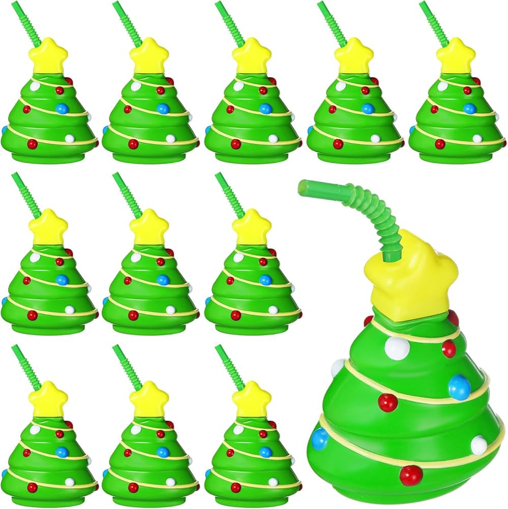 Sliner 12 Pcs Christmas Party Plastic Cups 10 oz Xmas Tree Gingerbread Peppermint Candy Snowflake... | Amazon (US)