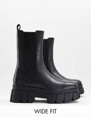 ASOS DESIGN Wide Fit Adjust premium leather chunky chelsea boots in black | ASOS (Global)