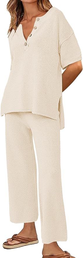 Ekouaer Lounge Set for Women 2 Piece Outfits Knit Short Sleeve Sweater Top Wide Leg Long Pants Pa... | Amazon (US)