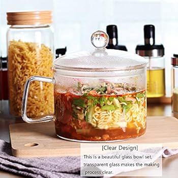 Mini Sized Glass Pasta Noodles Bowl with Lid and Handle, 44 FL OZ/1.4L Glass Soup Bowl for Noodle... | Amazon (US)