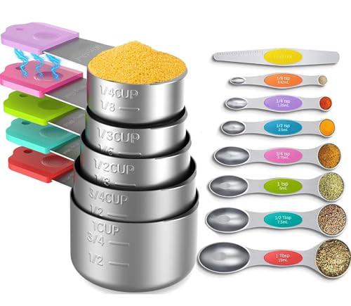 Minteem Magnetic Measuring Cups and Spoons Set, 5 Nesting Stainless Steel Measuring Cup Set with Easy to Read Markings, 7 Magnetic Measuring Spoons & 1 Leveler for Measuring Dry or Liquid Ingredients | Amazon (US)