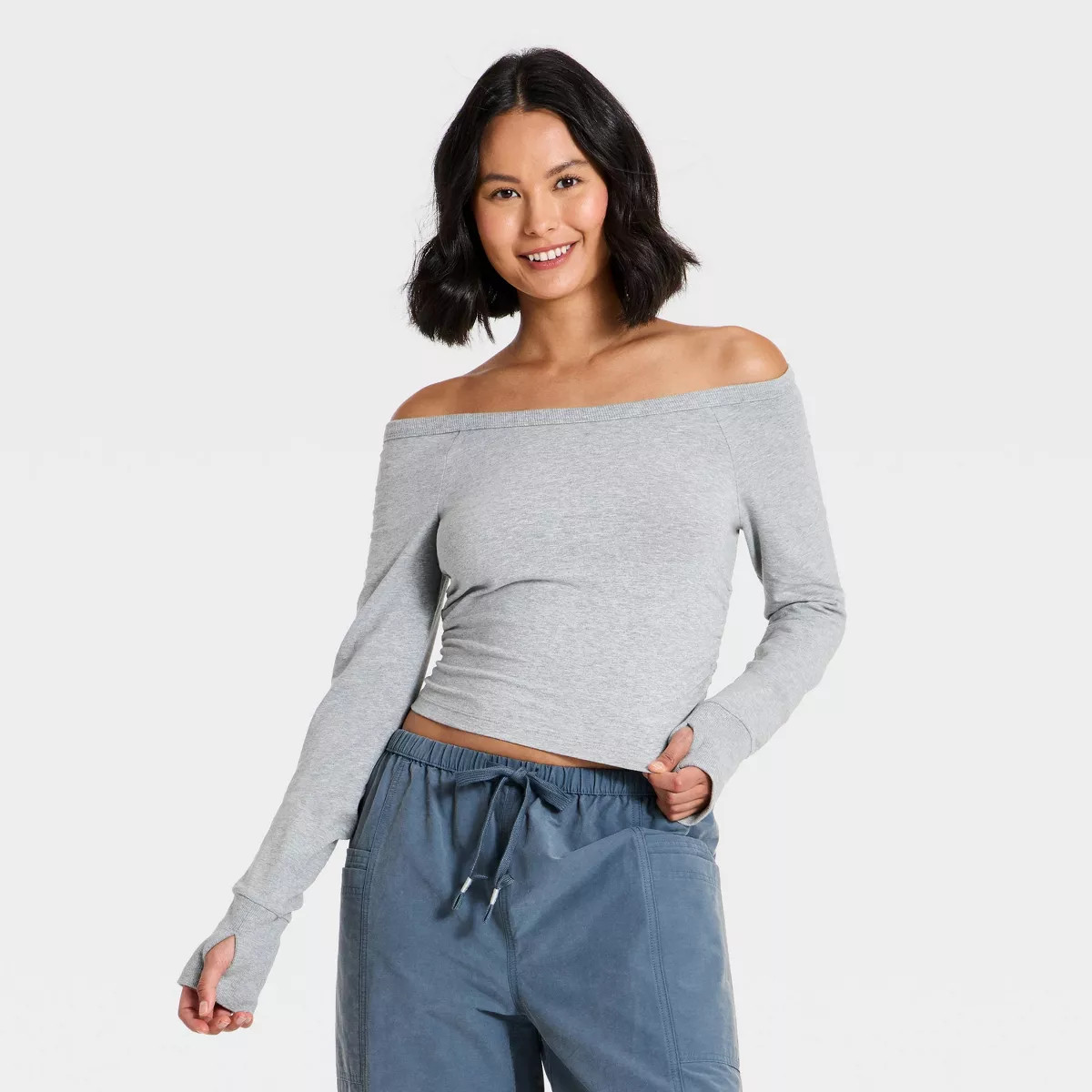 Women's Off The Shoulder Washed Jersey Active Pullover - JoyLab\u2122 Gray L | Target