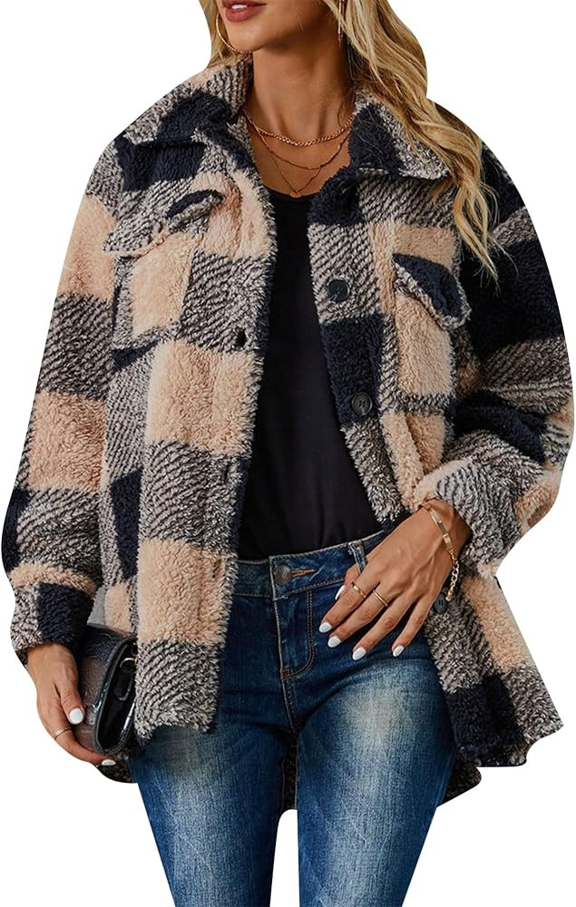 OMZIN Womens Soft Shirt Coat Fuzzy Casual Lapel Cardigan Plaid Flannel Loose Fit Multicolor Shirt... | Amazon (US)
